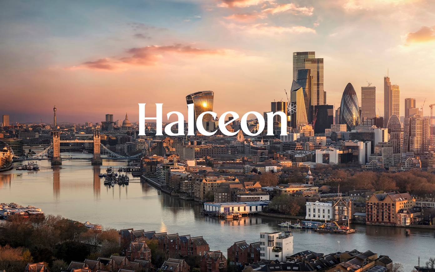 Halceon logo on top of the London skyline