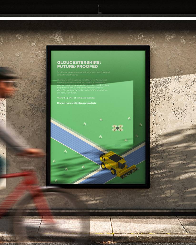 A poster advert for GFirst LEP displaying their agri-tech support - developed as part of a brand campaign by Mighty, brand agency