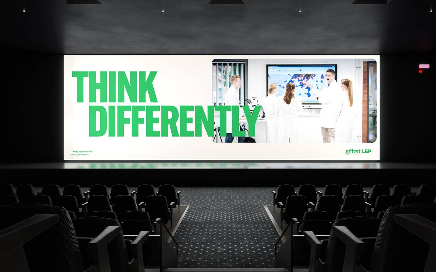 An advert for GFirst LEP with the text Think Differently. Designed by Mighty, brand agency