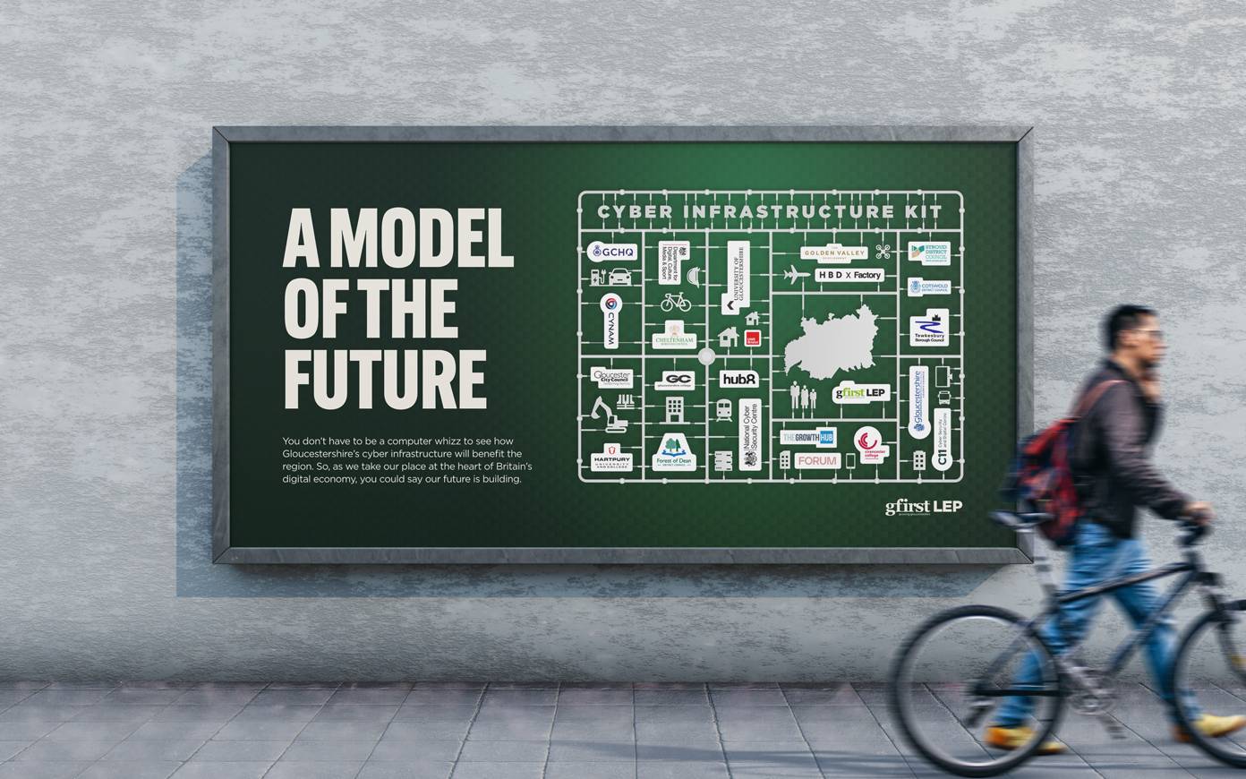 An advert for GFirst LEP to advertise Gloucestershire's cyber capabilities. Developed by Mighty, brand communications agency