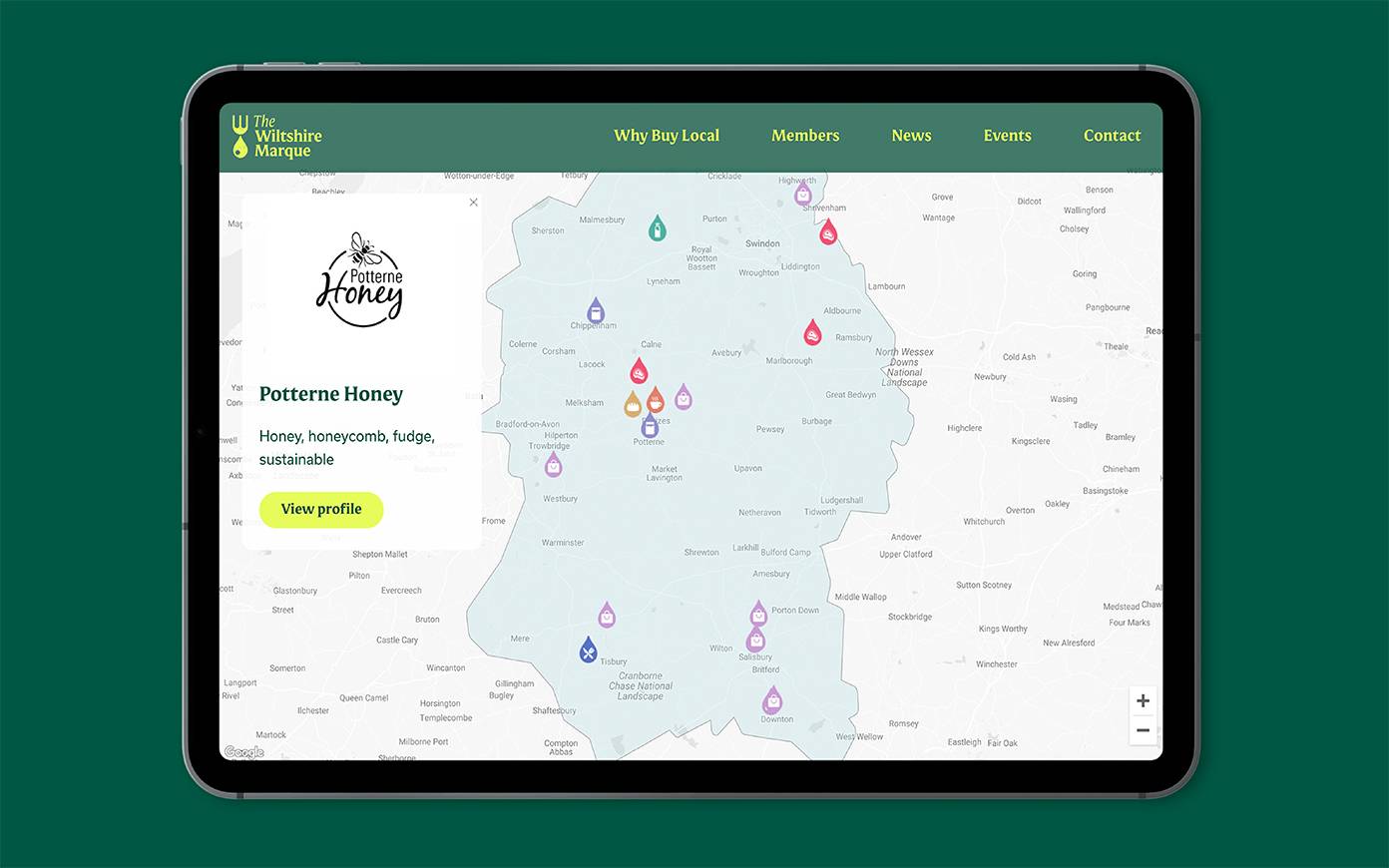 Interactive map for the Wiltshire Marque designed and developed by Mighty, digital brand agency