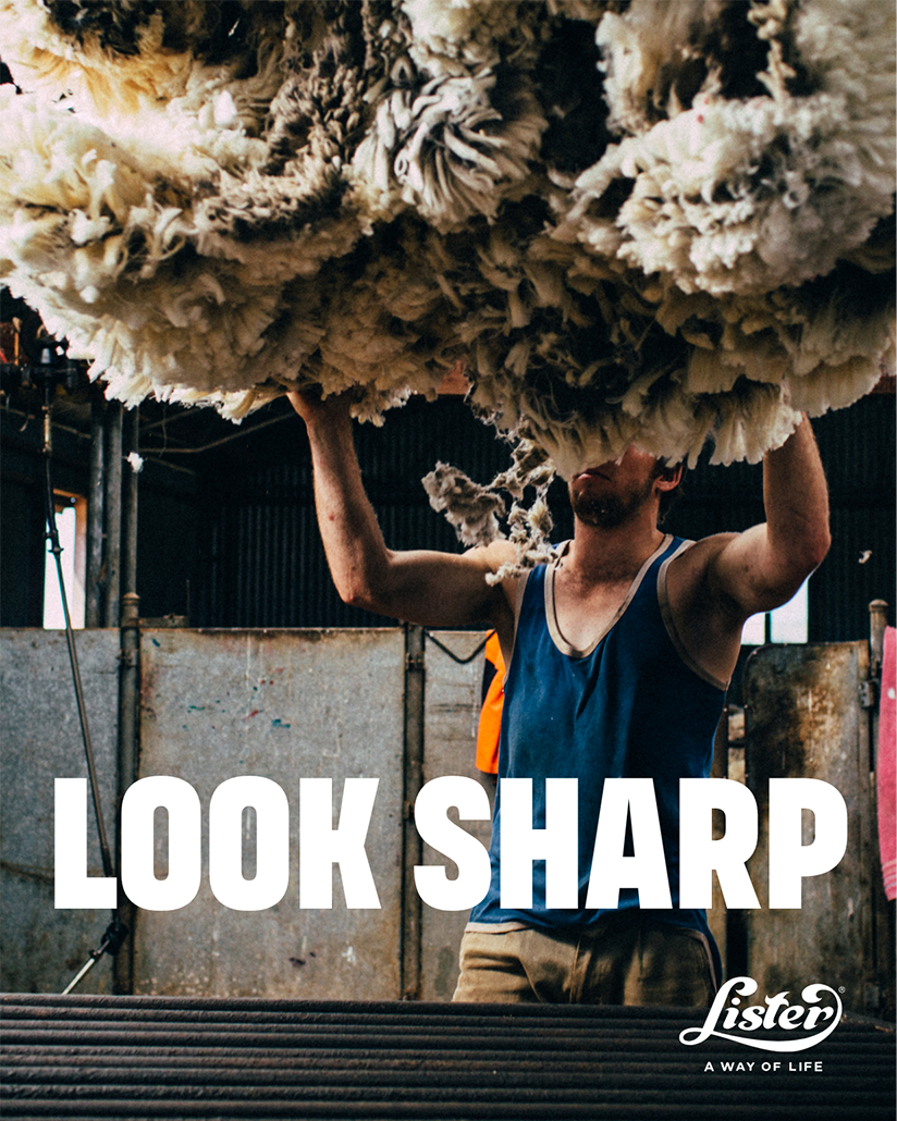 A poster for Lister Shearing featuring a shearer inspecting a sheep and the headline"Look Sharp" - designed by Mighty, brand agency