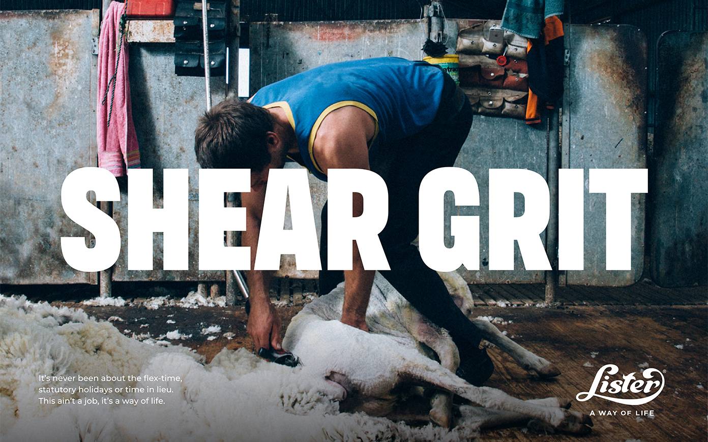 An advert for Lister Shearing with the headline "Shear Grit' and a professional shearer at work. Designed by Mighty, brand agency