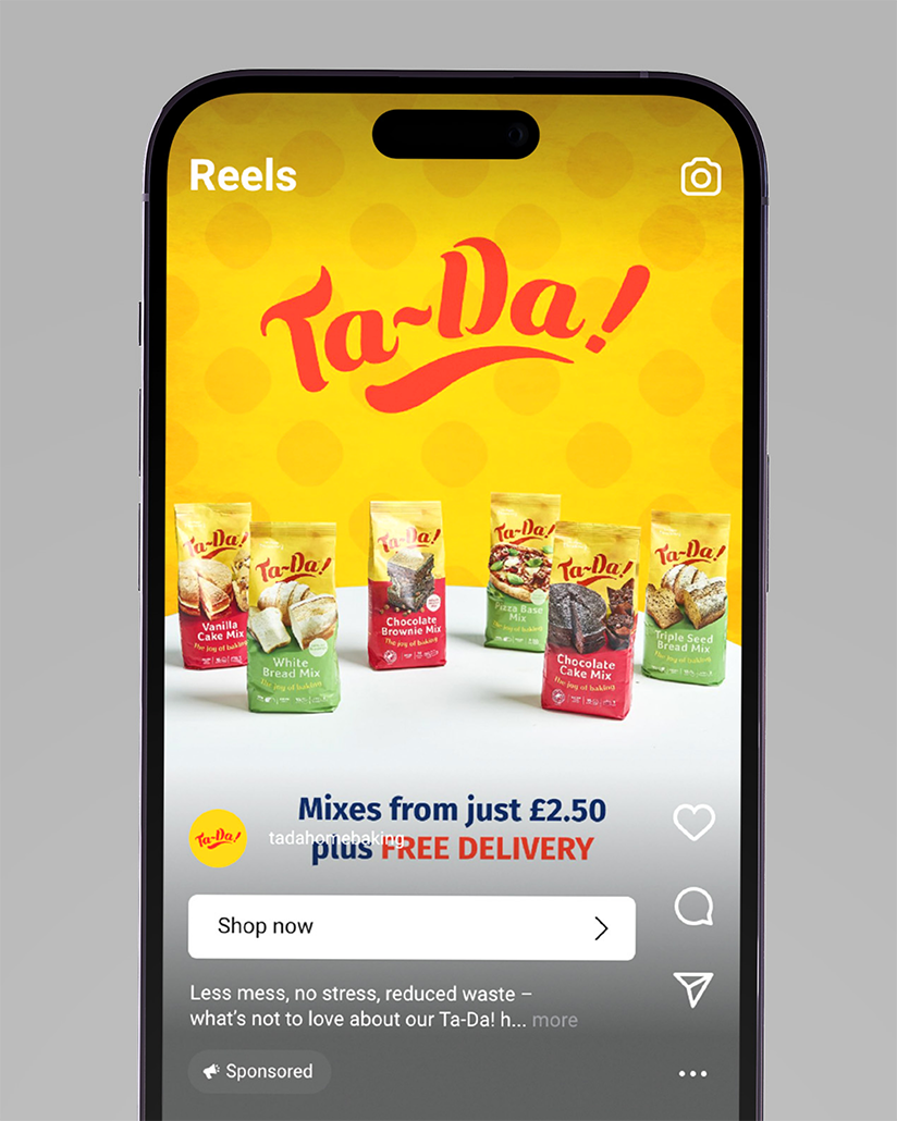 An Instagram advert for Ta-Da! featuring several cake and bread mixes. Designed by Mighty, digital advertising agency