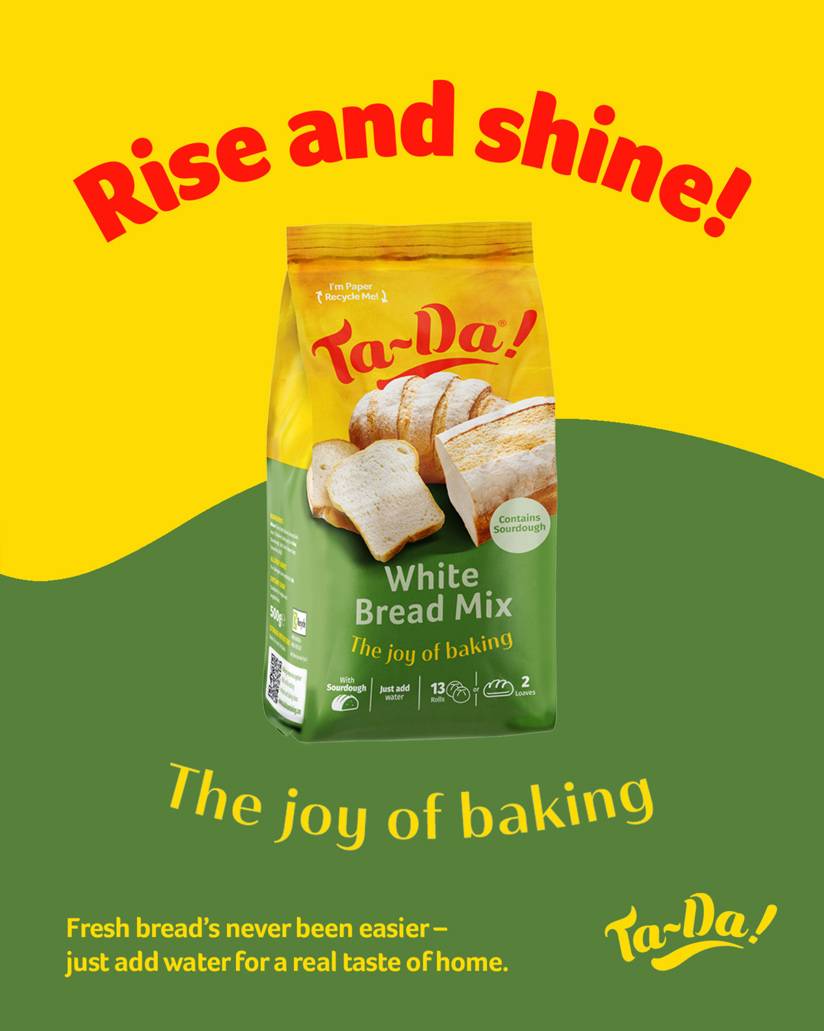 A poster for Ta-Da! baking brand with the tagline'Rise and shine' - designed by Mighty, brand agency