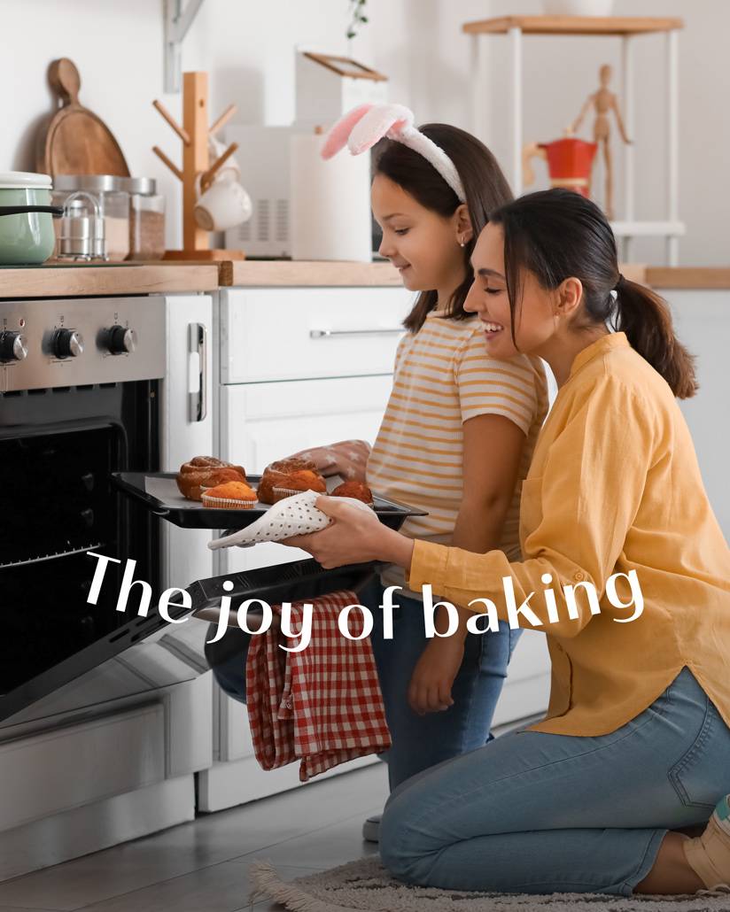 A mum and daughter put cakes in the oven for a Ta-Da! advert designed by Mighty, brand agency