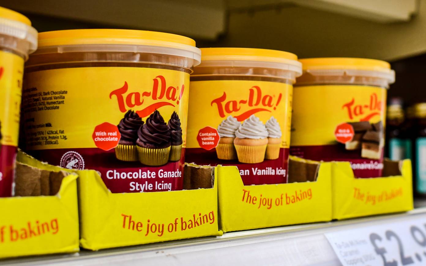 A photo of the Ta-Da! products on Tesco shelves