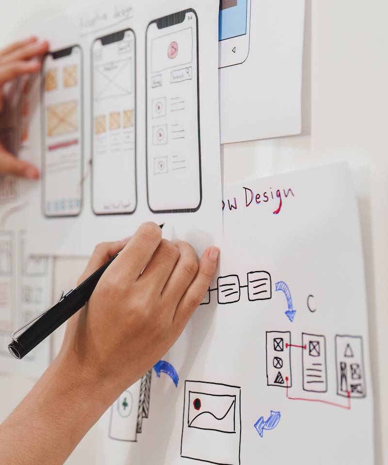 Close up of a UX developer and UI designer brainstorming a wireframe design