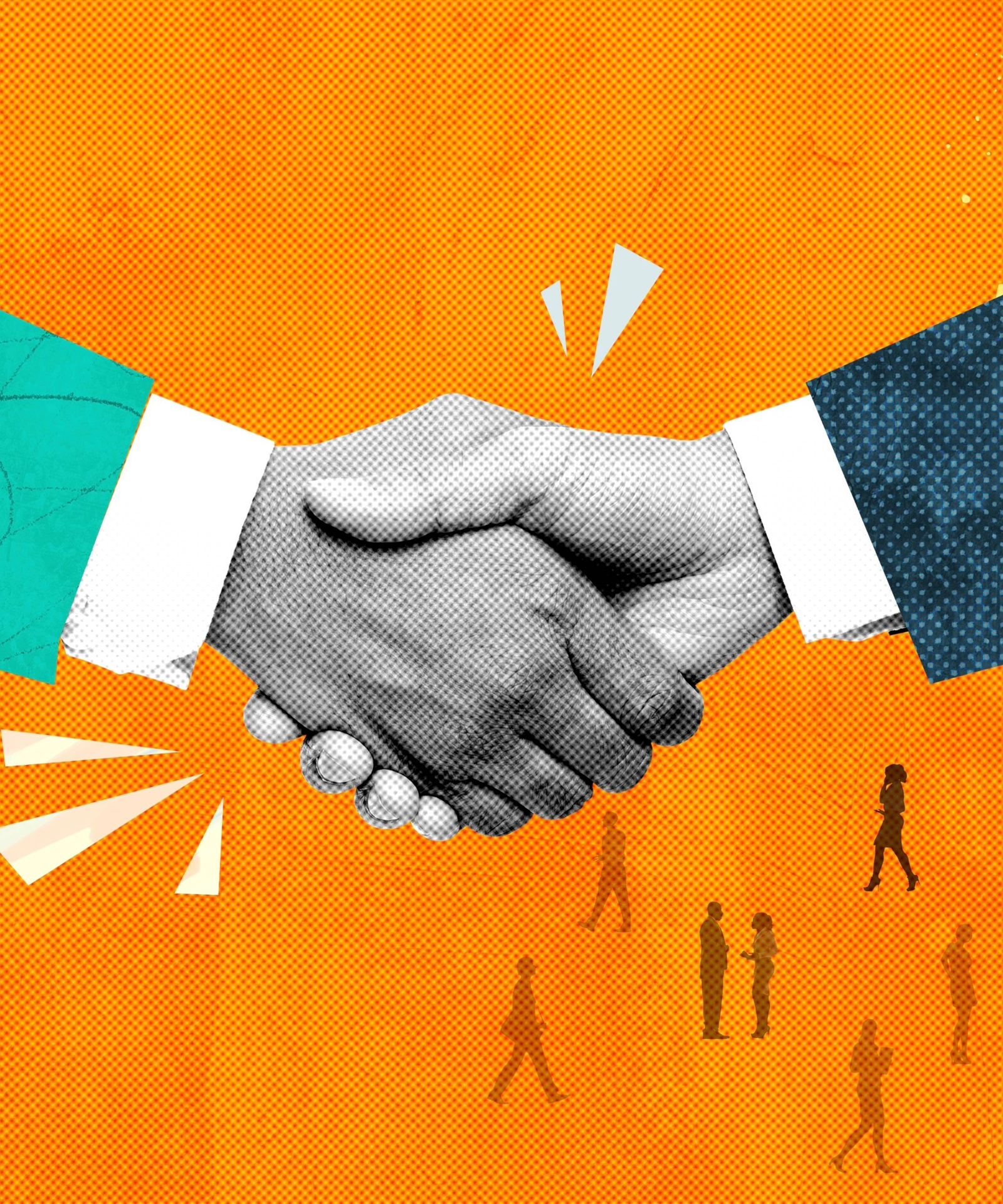 Two businessmen shaking hands on a pop-art style background