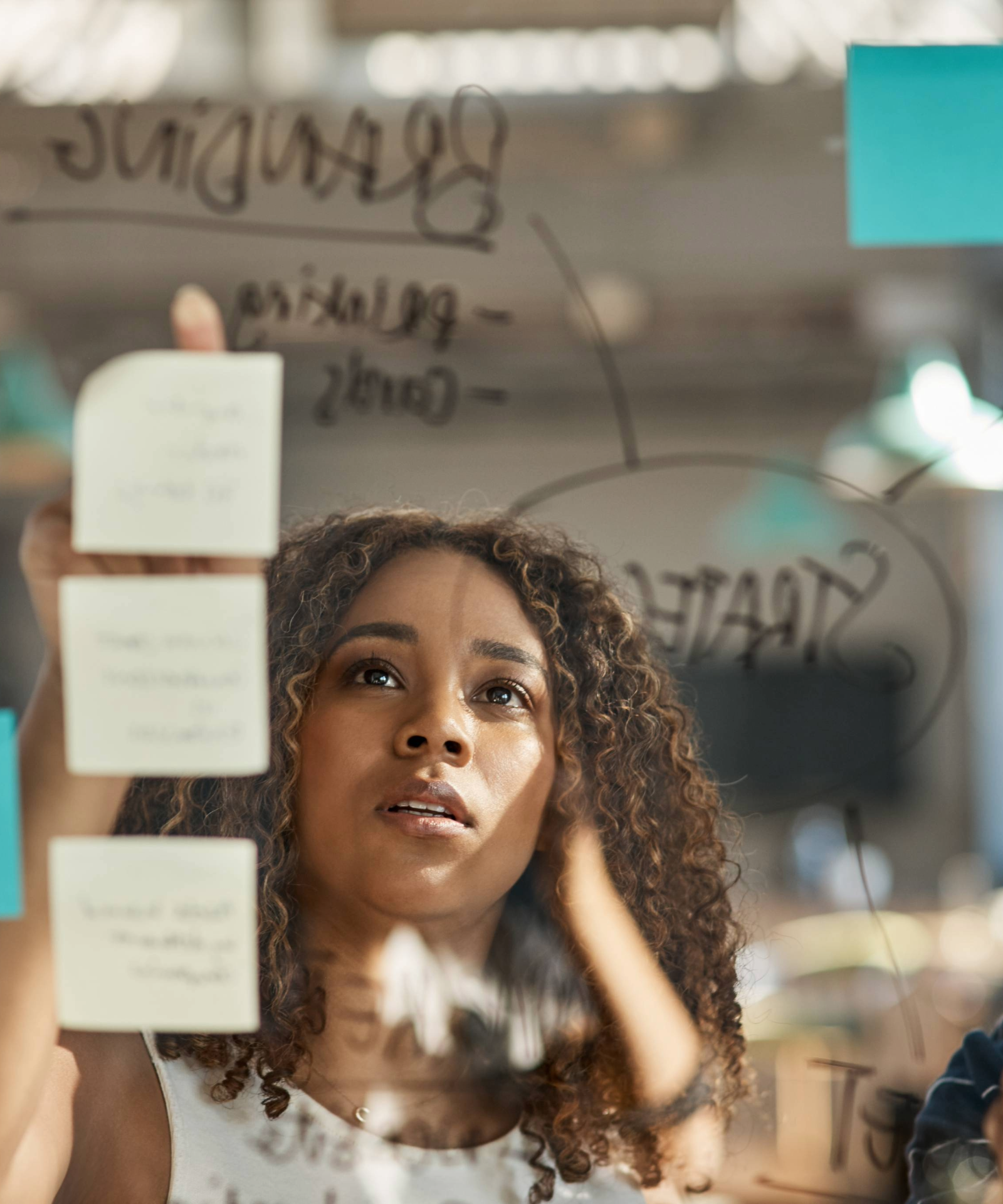 A woman looking at a strategy diagram on a glass wall