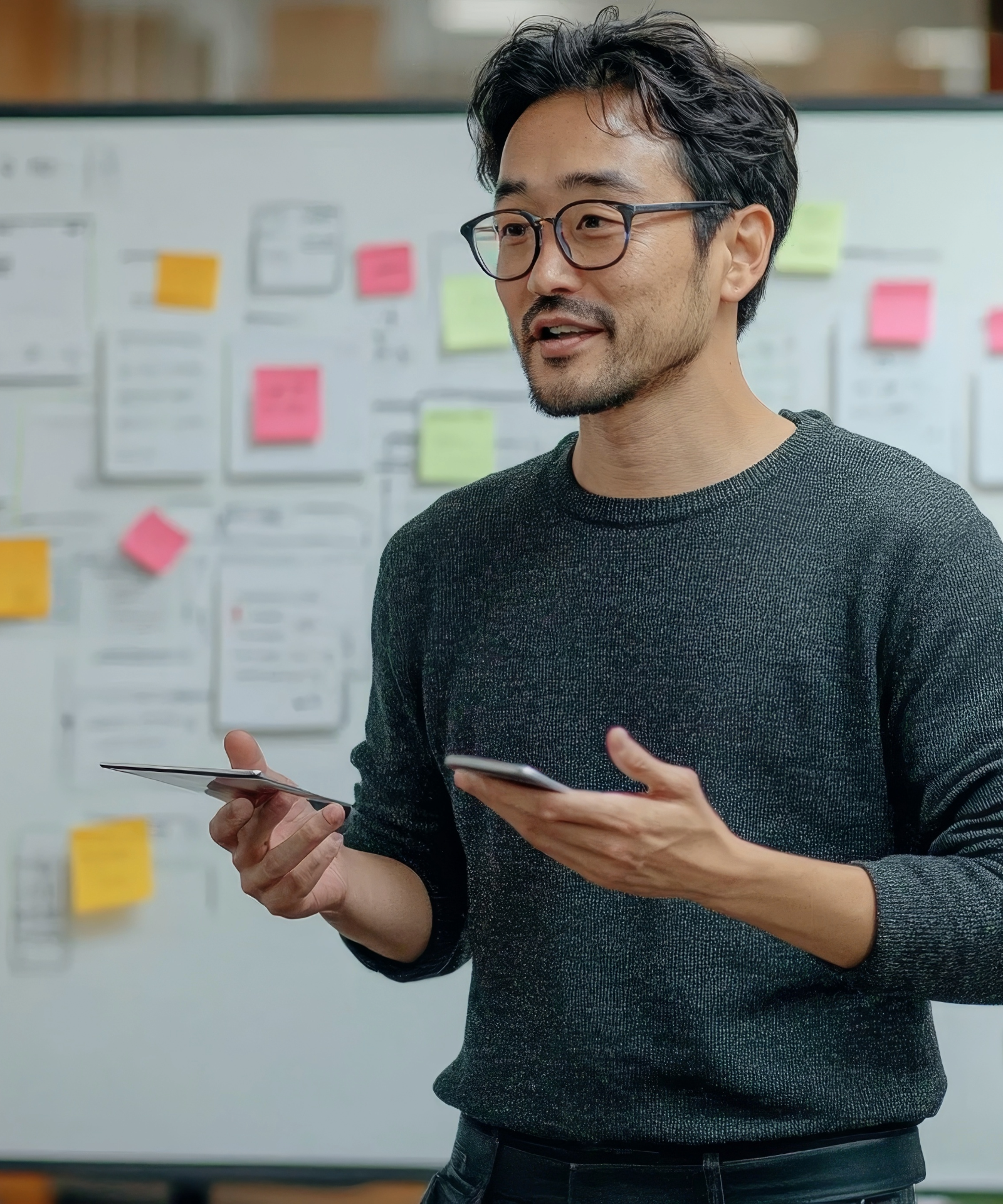 Web developer leading a meeting